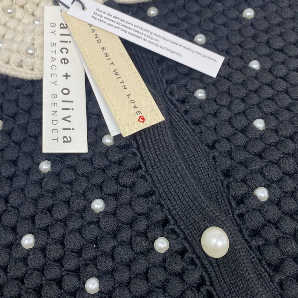 Alice + Olivia Collins Pearl Embellished Crochet Wool Black Cardigan XS NWT $595 - Picture 9 of 13